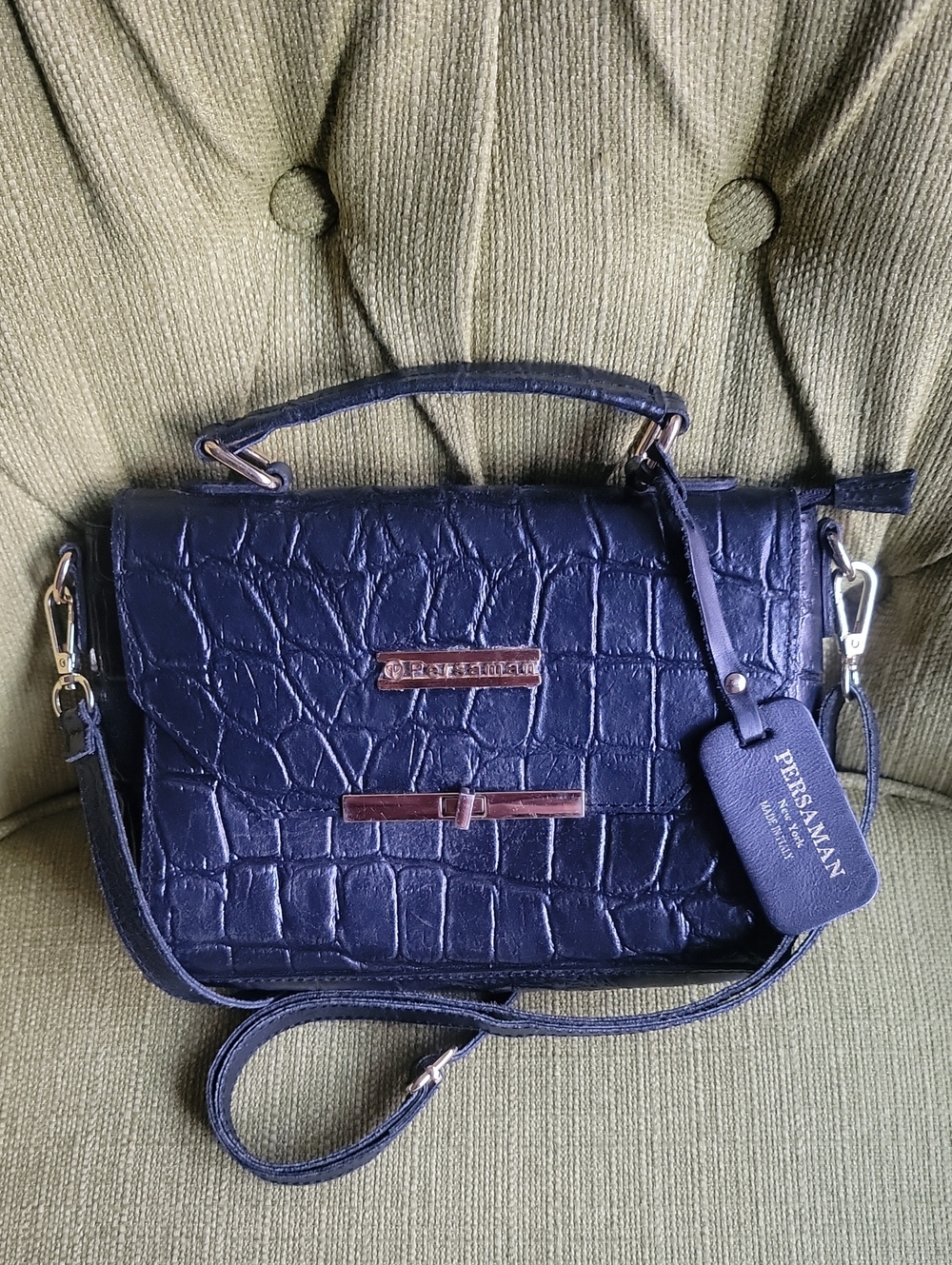 Persaman New York Black Croc-Embossed Top-Handle Crossbody Bag